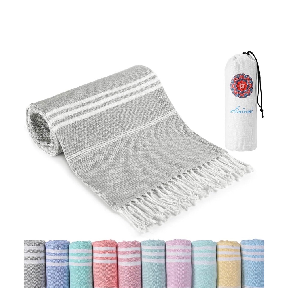 Antfuny Turkish Beach Towel Pink White Striped Oversized Peshtemal with Pouch - Picture 4 of 4